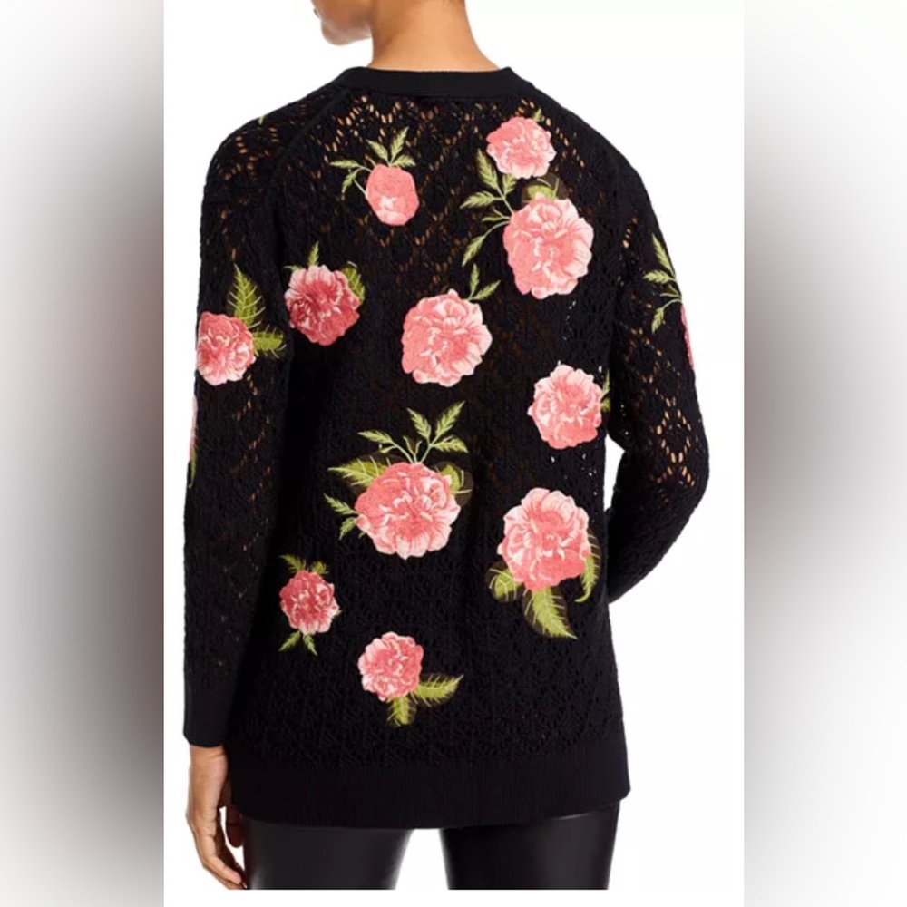 Alice + Olivia Black and Floral Appliqué Grandpa Cardigan - Size Small - Picture 2 of 8